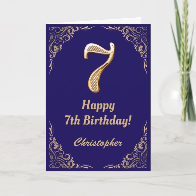 7th Birthday Navy Blue and Gold Glitter Frame Card (Front)