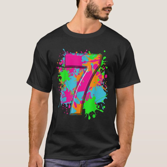 7th Birthday Paint Splashes  kids Girls Boys 7 Yea T-Shirt (Front)