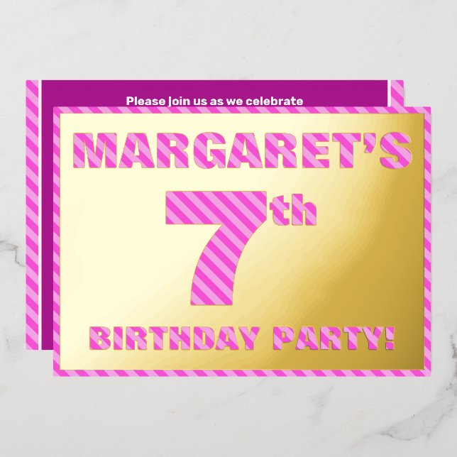 7th Birthday Party — Bold, Fun, Pink Stripes # 7 (Front/Back)