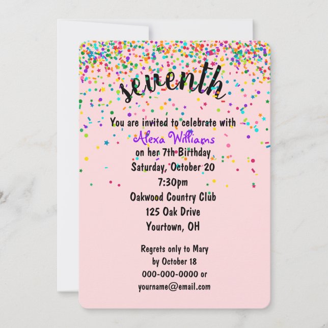 7th Birthday Party Confetti Invitation (Front)