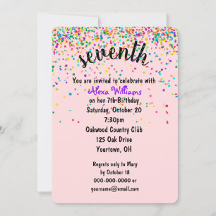 7th Birthday Party Confetti Invitation