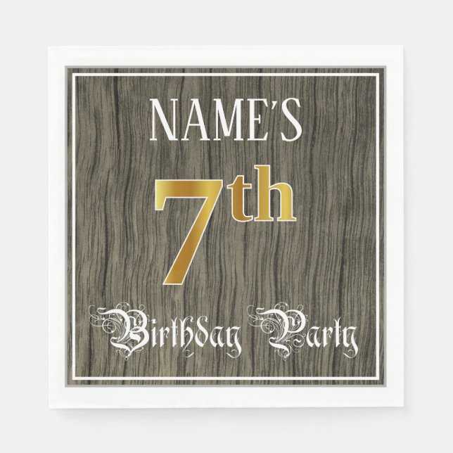 7th Birthday Party — Faux Gold & Faux Wood Looks Napkin (Front)