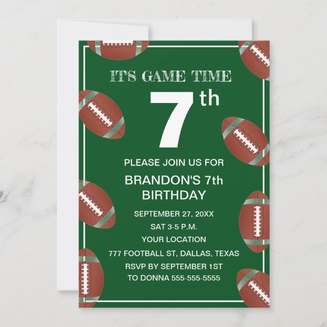 7th Birthday Party Football Green Sport Kids Boy Invitation (Front)
