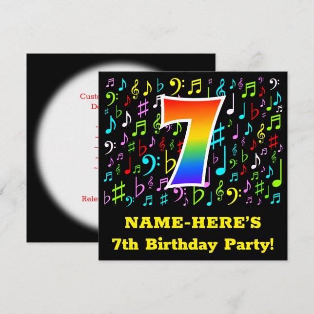 7th Birthday Party: Fun Music Symbols, Rainbow 7 Invitation (Front/Back)