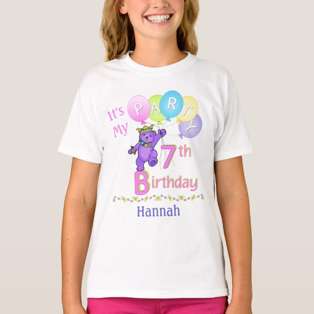 7th Birthday Party Girl Princess Bear T-Shirt (Front)