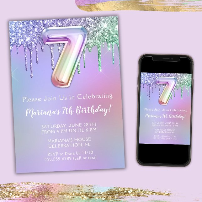 7th Birthday Party Invitation Purple Pink Glitter (Creator Uploaded)
