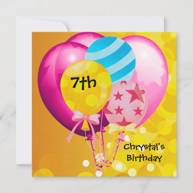 7th Birthday Party Pink Yellow Blue Balloons Girl Invitation (Front)