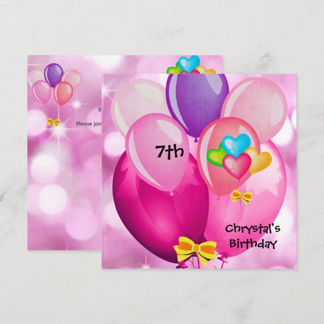 7th Birthday Party Pink Yellow Blue Balloons Girl Invitation (Front/Back)