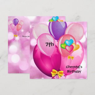 7th Birthday Party Pink Yellow Blue Balloons Girl Invitation