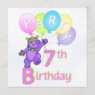7th Birthday Party Princess Bear Balloons Invitation