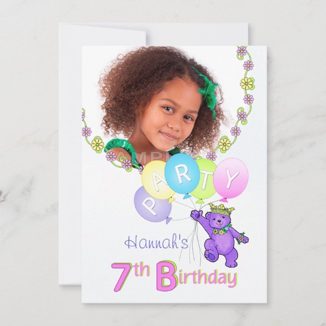 7th Birthday Party Princess Bear Custom Photo Invitation (Front)