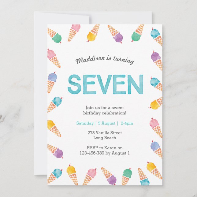 7th Birthday Party | Rainbow Ice cream invitation (Front)