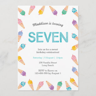 7th Birthday Party Rainbow Ice cream invitation