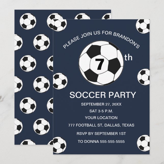7th Birthday Party Soccer Blue Boys Sports Invitation (Front/Back)