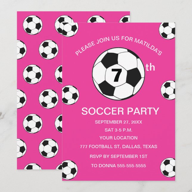 7th Birthday Party Soccer Pink Girls Sports Invitation (Front/Back)