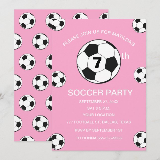 7th Birthday Party Soccer Pink Girls Sports Invitation (Front/Back)