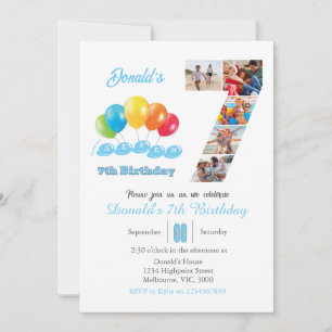 7th birthday photo collage number 7 Boy Invitation