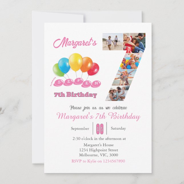7th birthday photo collage number 7 Girl  Invitation (Front)