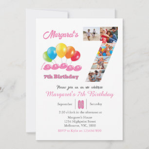 7th birthday photo collage number 7 Girl Invitation