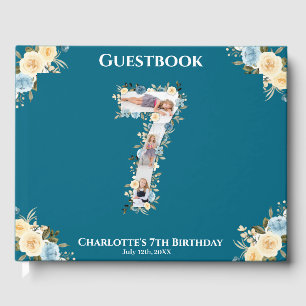 7th Birthday Photo Collage Teal Blue Yellow Flower Guest Book