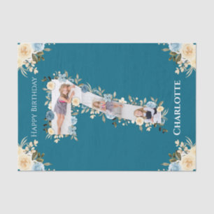 7th Birthday Photo Collage Teal Blue Yellow Flower Tissue Paper