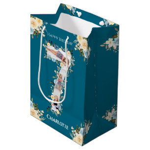 7th Birthday Photo Teal Collage Blue Yellow Flower Medium Gift Bag