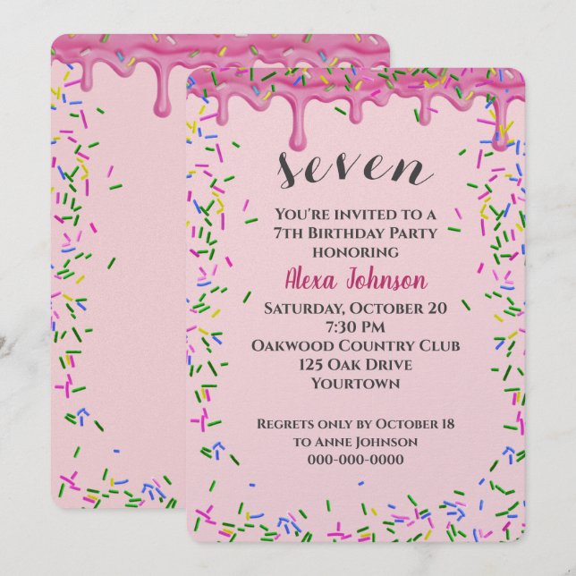 7th Birthday Pink Icing And Sprinkles Invitation (Front/Back)
