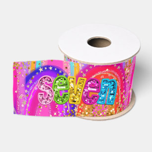 7th Birthday Pink Rainbow Glitter Grosgrain Ribbon