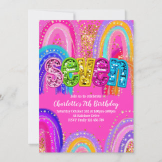 7th Birthday Pink Rainbow Party Invitation