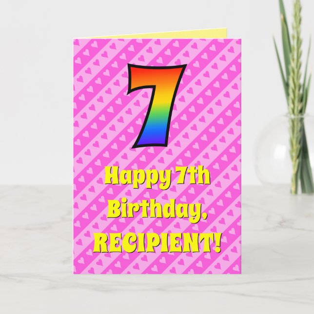 7th Birthday: Pink Stripes & Hearts, Rainbow # 7 Card (Front)