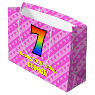 7th Birthday: Pink Stripes & Hearts, Rainbow # 7 Large Gift Bag