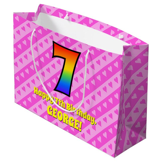 7th Birthday: Pink Stripes & Hearts, Rainbow # 7 Large Gift Bag (Back Angled)