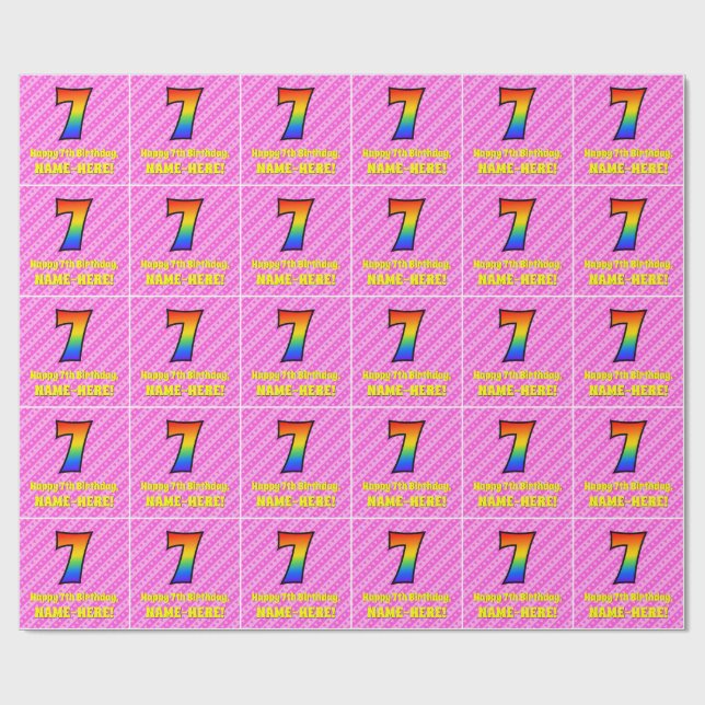 7th Birthday: Pink Stripes & Hearts, Rainbow # 7 Wrapping Paper (Flat)