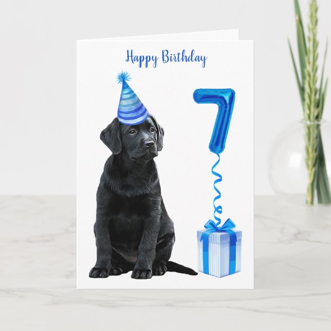 7th Birthday Puppy Theme- Cute Dog Blue Boy Pawty Card (Front)