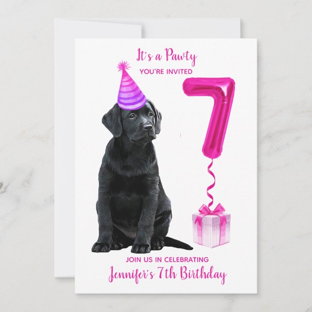 7th Birthday Puppy Theme- Cute Dog Pink Girl Pawty Invitation (Front)