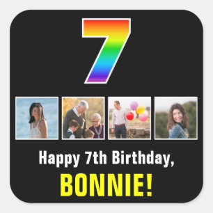 7th Birthday: Rainbow “7”; Custom Photos & Name Square Sticker