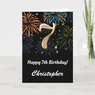 7th Birthday Rainbow Fireworks Black and Gold Card
