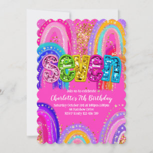 7th Birthday Rainbow Hot Pink Party Invitation