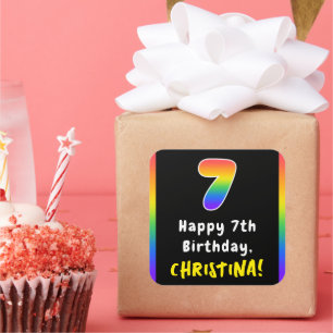 7th Birthday: Rainbow Spectrum # 7, Custom Name Square Sticker