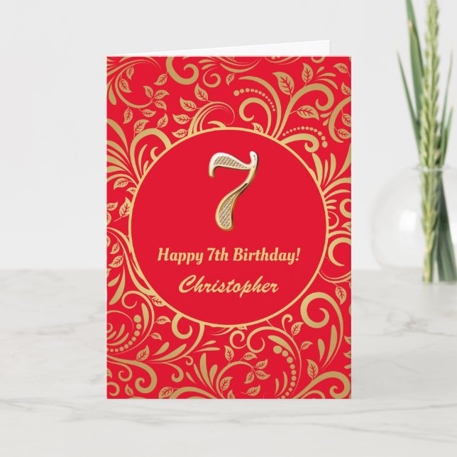 7th Birthday Red and Gold Floral Pattern Card (Front)