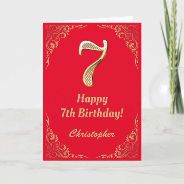 7th Birthday Red and Gold Glitter Frame Card (Front)