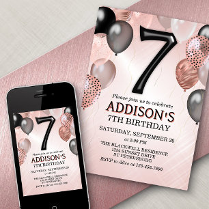 7th Birthday Rose Gold Balloons Invitation