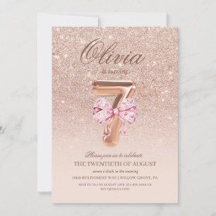 7th Birthday Rose Pink Gold Bow Birthday Party Invitation