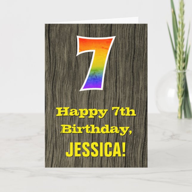 7th Birthday: Rustic Faux Wood Look, Rainbow "7" Card (Front)