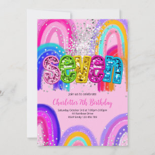 7th Birthday Sequin Rainbow Party Invitation