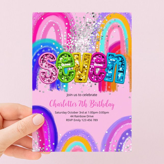 7th Birthday Sequin Rainbow Party Invitation (Creator Uploaded)