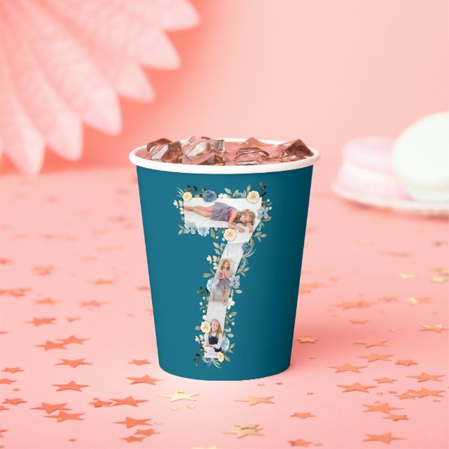 7th Birthday Teal Photo Collage Blue Yellow Flower Paper Cups (Insitu)