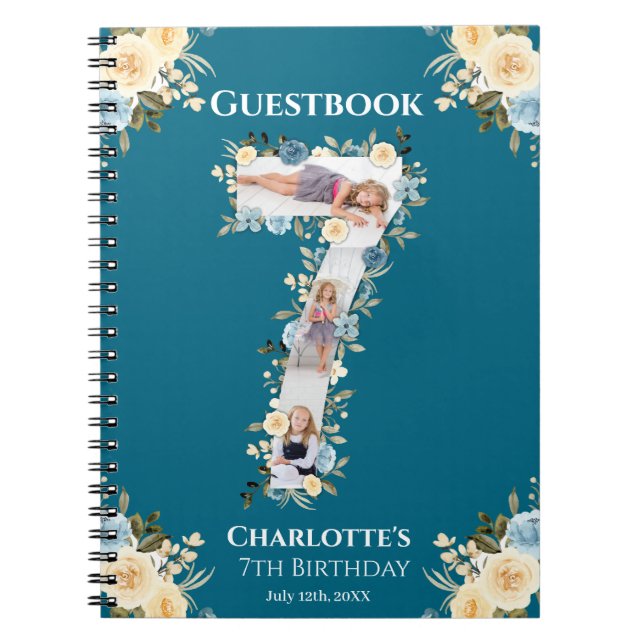 7th Birthday Teal Photo Flower Yellow Guest Book (Front)