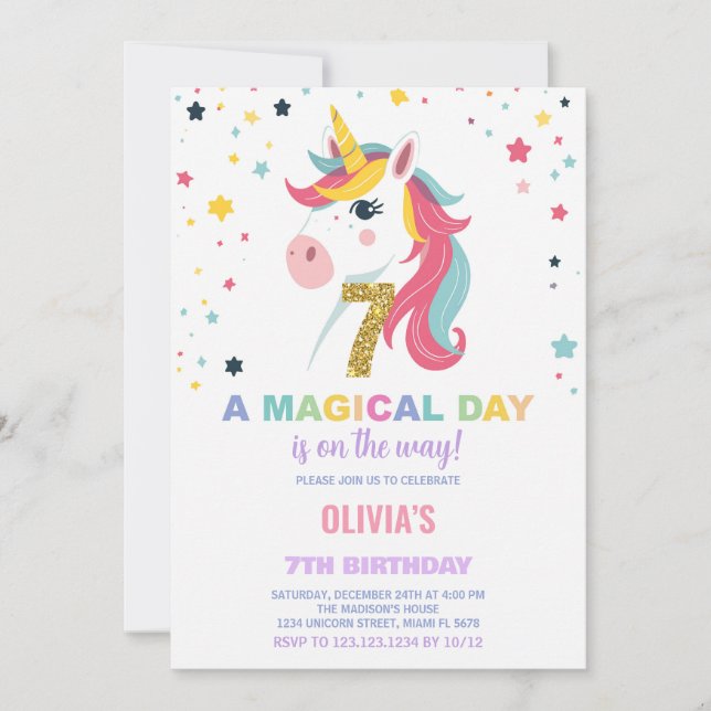7th Birthday Unicorn Birthday Invitations (Front)