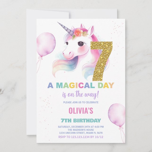 7th Birthday Unicorn Birthday Invitations (Front)